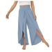 Reduce Price Hfyihgf Chiffon Wide Leg Dress Pants for Women Flowy Palazzo Pants Casual Split High Waisted Summer Beach Cropped Trousers with Pocket(Light Blue M)