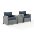 Crosley Furniture 95 x 31.75 x 32.50 in. Bradenton Outdoor Wicker Armchair Set - Side Table & 2 Armchairs Navy & Gray - 3 Piece