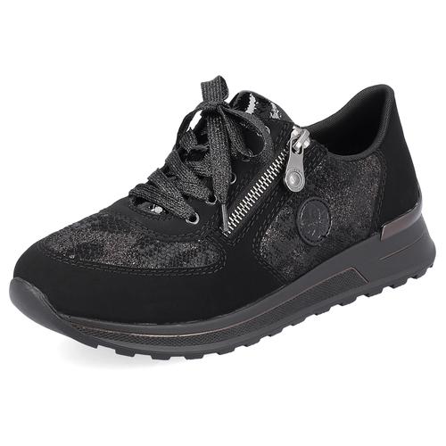 Sneaker RIEKER Gr. 39, schwarz (schwarz, kombiniert) Damen Schuhe in Metallic-Optik, Freizeitschuh, Halbschuh, Schnürschuh