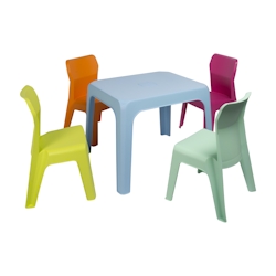 Resol garbar JAN Kinderstuhl-Tisch Indoor, Outdoor Set 4+1 Himmelblau/Fuchsia/Orange/Limettengrün/Aquaminze Image