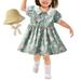 Herrnalise Toddler Baby Girl Summer Dress Short Sleeve Round Neck button Up A Line Chiffon Pullover Beach Dress One Piece Outfits Pleated Short Dresses With Hat(3M-4Y)Green