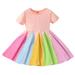 Oalirro Girls Dresses Short Sleeve Rainbow Dress for Girls Round Neck Mid-Calf ï¼ˆ5-6Years) Pink