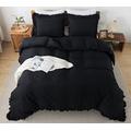 Andency Black Duvet Cover Queen Size, 3 Pieces Ruffle Duvet Cover Set, Soft Microfiber Queen Duvet Cover Bedding Set with Zipper Closure