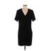 Charles Henry Casual Dress - Mini V Neck Short sleeves: Black Print Dresses - Women's Size Medium