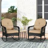 ONLYCTR Outdoor Wicker Rocking Chair All Weather Wicker Rocker Chair with Cushions for Garden Patio Yard Porch Lawn Balcony Backyard (2PCS Black Wicker-Khaki)