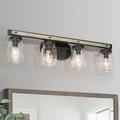 LaLuz Kole Farmhouse 4-Light Wood Linear Bathroom Vanity Lights Mason Jars Wall Sconces Black 26.8 Lx5.9 Wx7.5 H Black Painted 4 to 8 Inches