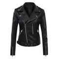 Lovskoo 2024 Women Faux Leather Jacket Moto Biker Coat Trendy Jacket Solid Long Sleeve Zipper Pocket Asymmetrical Motorcycle Jacket Standard Outerwear Tops Short Coat Black