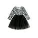 Suanret Kids Girl Fall Dress Casual Long Sleeve Round Neck Leopard Print Tulle Dress Princess Tutu Dress Black White 6-7 Years