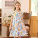 Herrnalise Toddler Baby Girl Summer Dress Floral Print Pleated Dresses 1/4 Sleeve Top Crew Neck A-Line Mid-Length High Waist Elastic One Piece Outfit ï¼ˆ2-15Yearsï¼‰ Blue