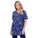 Plus Size Women's Print Notch-Neck Soft Knit Tunic by Roaman's in Navy Graphic Vine (Size 3X) Short Sleeve T-Shirt
