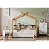 3 Pieces Bedroom Sets White Full Size Wooden House Bed with Trundle + Nightstand + 6-Drawer Chest