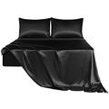 PiccoCasa 4 Piece Sheet Set Super King Size, Silky Satin Bedding - Fitted Sheet, Flat Sheet, 2 Pillowcases (Duvet Cover Not Included) Black