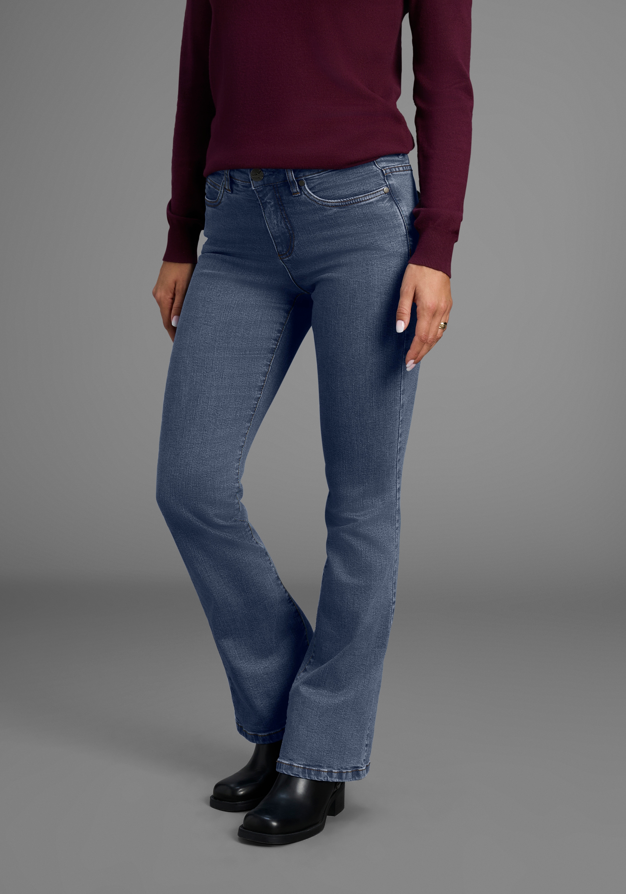 Bootcut-Jeans ARIZONA "Comfort-Fit", Damen, Gr. 24, K + L Gr, blau (blau stone), Denim/Jeans, Obermaterial: 98% Baumwolle, 2% Elasthan, Basic, bequem lang, Jeans, ausgestellte Beinform, mit Eingrifftaschen, High-Waist