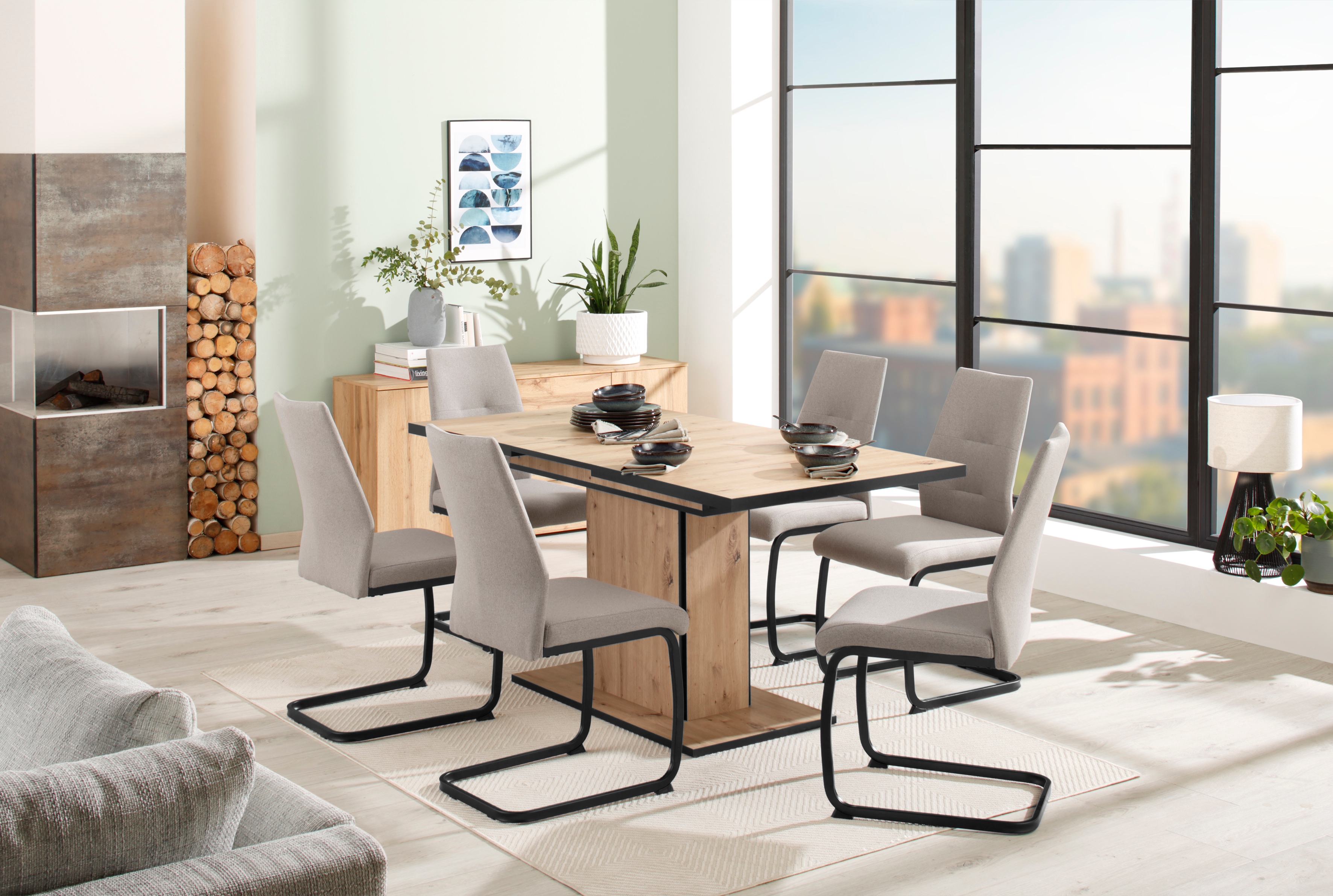 Essgruppe HELA "Ariana, Esstisch mit 6 Stühlen, ausziehbarer Küchentisch", grau (artisan eiche, bezug waterfree schlamm, schlamm, schwarz), Einlegeplatte, Bezug Webstoff waterfree, Sitzmöbel-Sets, Tisch 120-160cm, 6 Stühle mit hoher Belastbarkeit,...