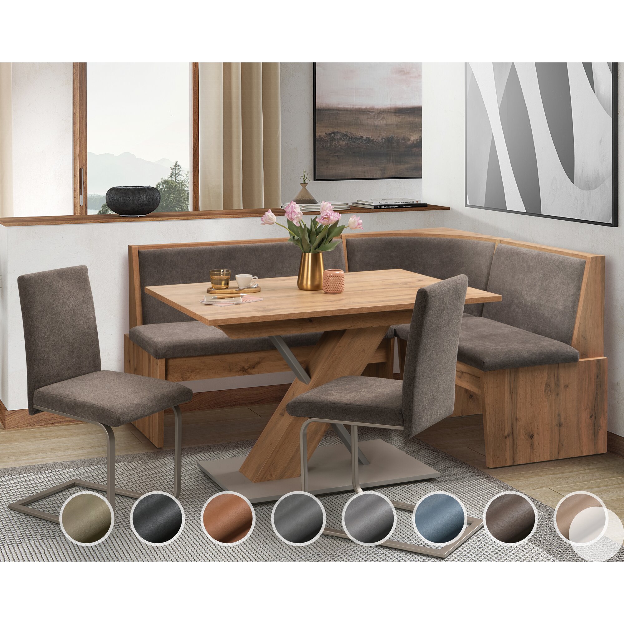 Schösswender »Inka« Eckbankgruppe I 147x187 cm / Gavin 03 beige / geschlossen / Rundecke / Appalachian Oak Dekor