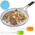 Happon Stainless Steel BBQ Grill Basket With Silicone Brush and Storage Bag Stainless Steel Tong Barbecue Fish Grill Basket for Outdoor Grill Foldable Vegetable Grilling Rack