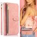 Decase Zipper Wallet Cover for iPhone 11 Pro Max Magnetic Luxury PU Leather Wrist Strap Flip Case with Credit Card Holder Kickstand Shockproof Protective Cover Pink