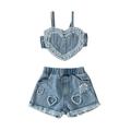 Frobukio 2PCS Newborn Baby Girls Denim Vest Shorts Outfit Summer Sleeveless Heart Camisole Elastic Ripped Denim Shorts