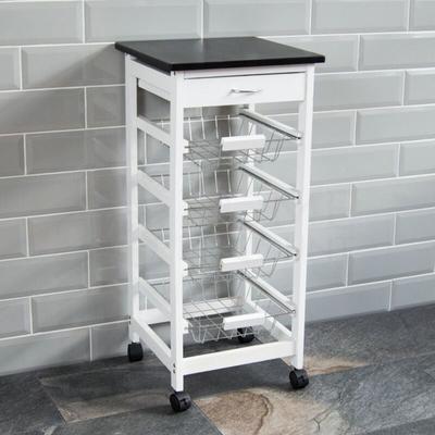 Kitchen Trolley Wooden Portable Cart Serving Trolley Cabinet, White, 4 Tier