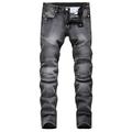 VSSSJ Mens Motorcycle Distressed Jeans Fitted Solid Color Zipper Button Elastic Waist Straight Denim Pants New Fashion Durable Performance Pants Black M