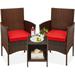 3-Piece Outdoor Wicker Conversation Bistro Set Space Saving Patio Furniture for Yard Garden w/ 2 Chairs 2 Cushions Side Storage Table - Brown/Red