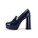 Womens Platform Heels Loafers Chunky High Heel Closed Toe Patent Leather Shoes Penny Loafer Business Dress Work Pumps, Navy, 7 UK