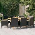 Dcenta Set of 9 Patio Dining Set Acacia Wood Garden Table and 4 Chairs with Cream White Cushion Black PE Rattan Outdoor Dining Set for Garden Lawn Balcony Backyard Courtyard Lawn