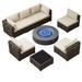 8 Pieces Patio Furniture Set with 42 Inch Round Gas Propane Concrete Fire Pit Table Outdoor Sectional Wicker Conversation Sofa Set with Coffee Table Beige Cushion Grey Fire Pit