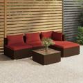 Dcenta 5 Piece Patio Lounge Set with Cushions Corner Sofa 2 Middle Sofas Footrest and Coffee Table Conversation Set Poly Rattan Brown Outdoor Sectional Set for Garden Balcony Deck