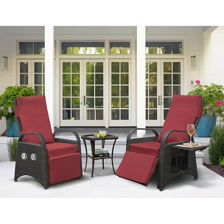 ATR ART to REAL 2PCS Indoor Outdoor PE Wicker Recliner with Flip Table Rattan Reclining Armchair Red