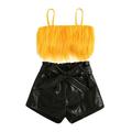 Tregren Kids Toddler Baby Girls Skirt Outfits Ruffled Stand Collar Shirt Blouse Top Pu Leather Zipper Skirt 2Pcs Clothes Set