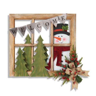 18 in Wood and Metal Window with Snowman and Floral Accent - N/A
