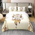 Bohemian Dreamcatcher 100% Cotton Duvet Cover Boho Tribal Bedding 100% Cotton Set for Kids Dream Catcher Duvet Set Indian Feather Exotic Quilt Cover with 2 Pillowcase 3Pcs Bedding King Zipper,Beige