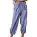 Mrat Scrub Pants for Women Full-Length Pant High Waisted Sweatpants Wide Leg Trousers Womens Drawstring Pants Palazzo Pants for Women Casual Elastic Waist Linen Pants Blue S