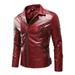 SMihono Deals Men s Autumn Winter Long-sleeved Leather Motorcycle Jacket Zipper Coat Long Sleeve Hoodless Faux Leather Outwear & Jackets Red 6