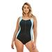 Plus Size Women's Zip-Front One-Piece with Tummy Control by Swim 365 in Black White Blue Sea (Size 10) Swimsuit