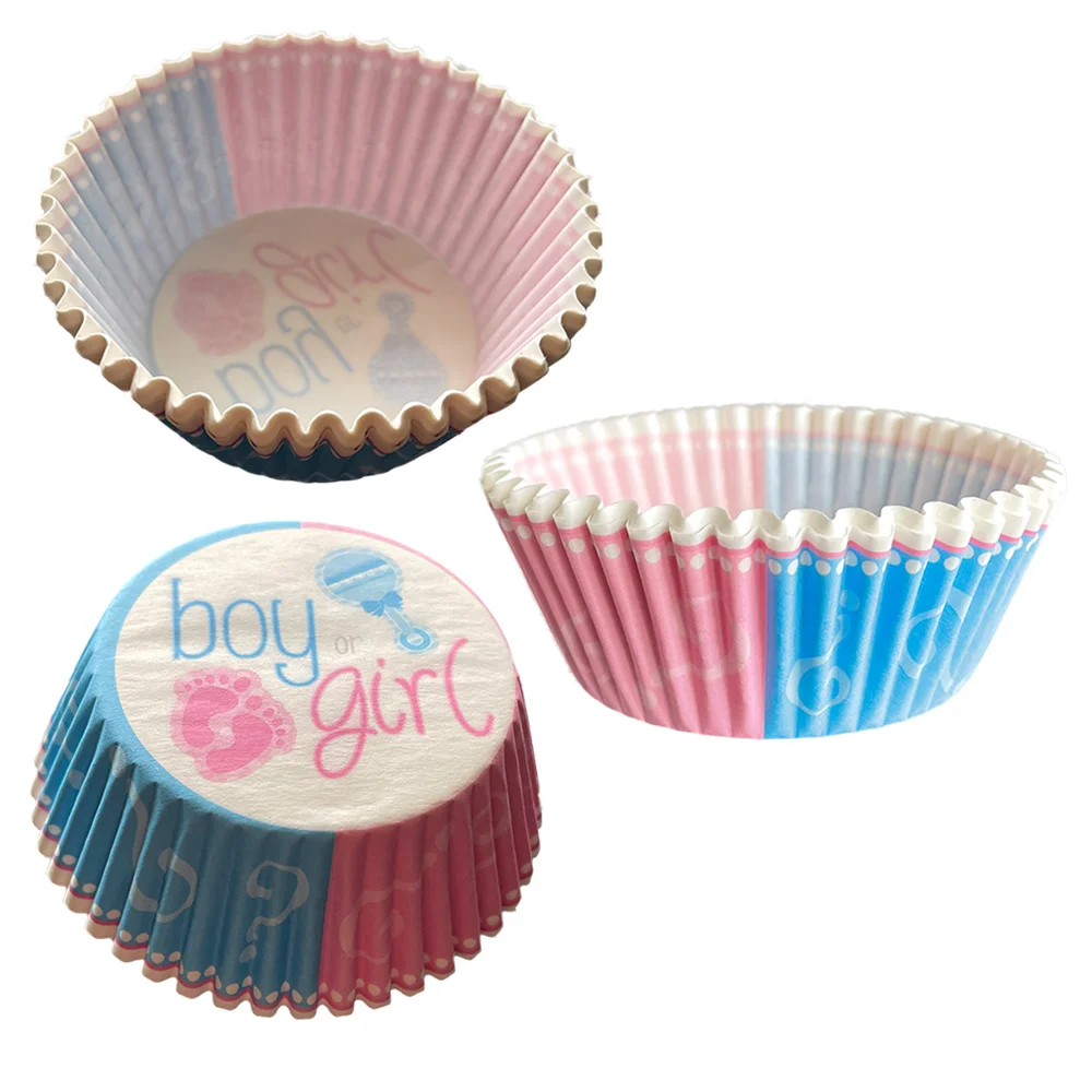 24 Stück Geschlecht offenbaren Partyzubehör Junge oder Mädchen Cupcake-Dekoration Blau Rosa Papierbox für Kuchendekoration Babyparty-Dekoration Image