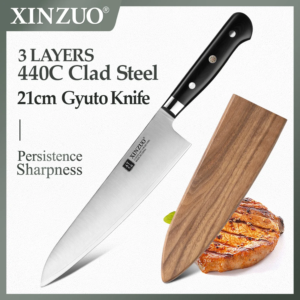 XINZUO 210 mm Kochmesser, 3-lagig, 440C Kerngekleideter Stahl, Küchenmesser, Edelstahl, scharfe Metzger, Gyutou-Messer mit G10-Griff Image