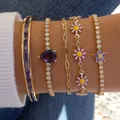 Luxury Purple Crystal Bangles For Women 18K Gold Plated Flower Iced CZ Tennis Cubic Zircon Open Cuff