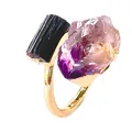 Irregular Rough Stone Open Ring for Women Gold-color Raw Amethyst Finger Jewelry with Black