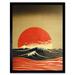 Modern Kanagawa Waves Red Sunset Linocut Art Print Framed Poster Wall Decor 12x16 inch