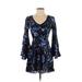 Express Casual Dress - Mini V Neck Long sleeves: Blue Dresses - Women's Size 0