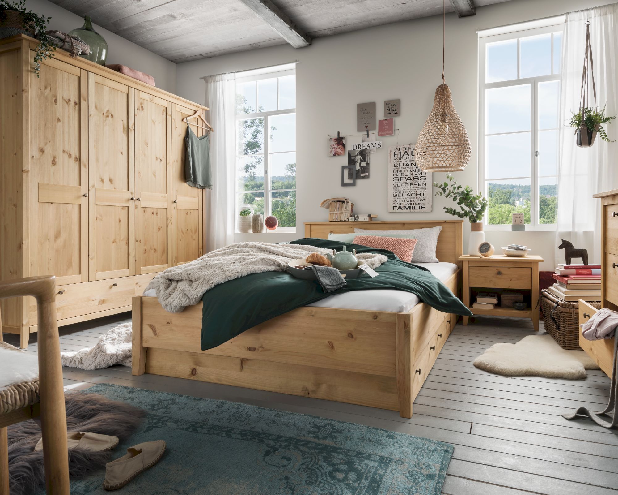 Massivholz »Solvita« Bett laugenfarbig 160x200 cm / kiefer / mit 6 Bettkästen