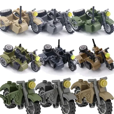 Militär WW2 Moto Drei Runden Motorrad Fahrzeug Werkzeug Auto Armee Figuren Zubehör Bausteine Spielzeug Für Kinder Kits MOC Image
