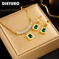 DIEYURO 316L Stainless Steel Luxury Non-fading Square Green Crystal Zircon Pendant Necklace Earrings