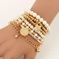 Tocona 6pcs/set Fashion Gold Color Beads Pearl Star Multilayer Beaded Bracelets Set for Women Charm