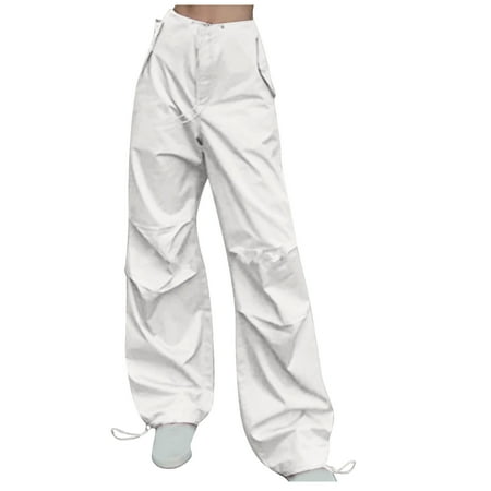 RYRJJ Baggy Parachute Pants for Women Drawstring Elastic Low Waist Ruched Cargo Pants Multiple Pockets Jogger Y2K Streetwear Pants(01#White S)
