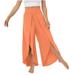 RYRJJ Chiffon Wide Leg Dress Pants for Women Flowy Palazzo Pants Casual Split High Waisted Summer Beach Cropped Trousers with Pocket(Orange L)