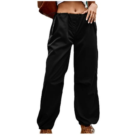 RYRJJ Baggy Parachute Pants for Women Drawstring Elastic Low Waist Ruched Cargo Pants Multiple Pockets Jogger Y2K Streetwear Pants(Black XL)