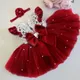 Robe de Princesse en Dentelle pour Petite Fille Tenue de Soirée Rouge Motif Floral pour Noël
